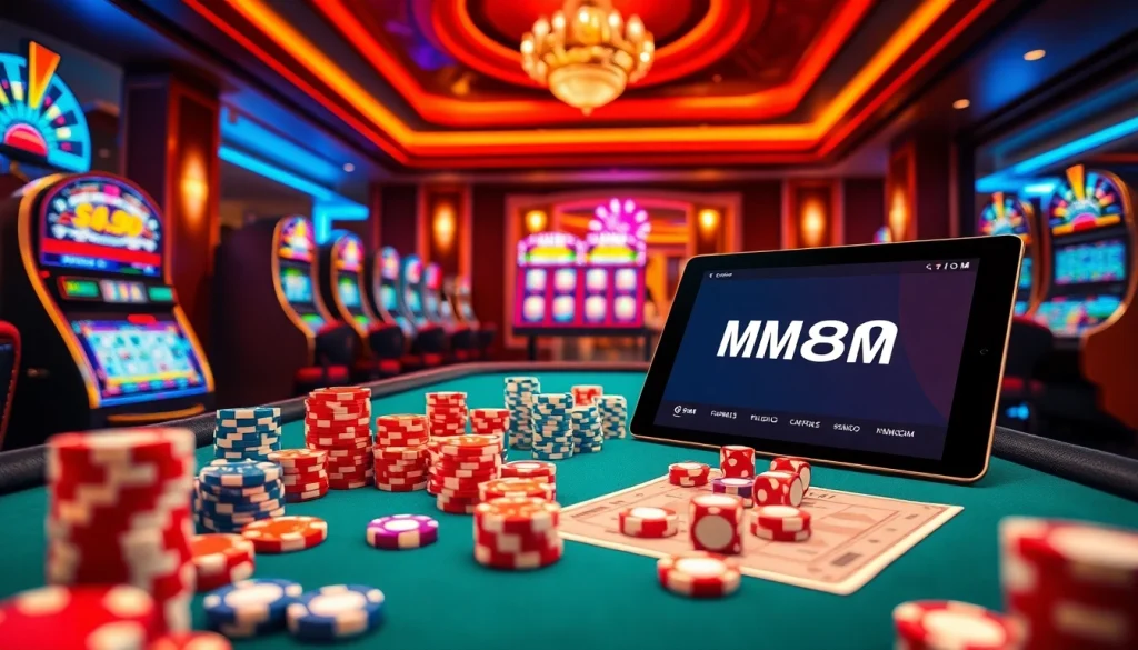 Experience high-stakes gaming excitement with MM88COM casino tables and vibrant poker chips.