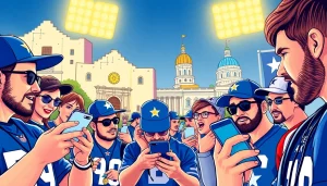 Engaging sports betting Texas scene with enthusiastic fans using apps surrounded by Texas landmarks.