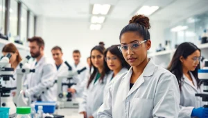 Scientists studying WIN55 in a modern cannabinoid research lab with advanced equipment.