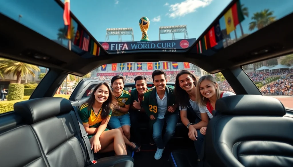 World Cup Group Transportation in a luxurious limousine arriving at the match, filled with excited fans.