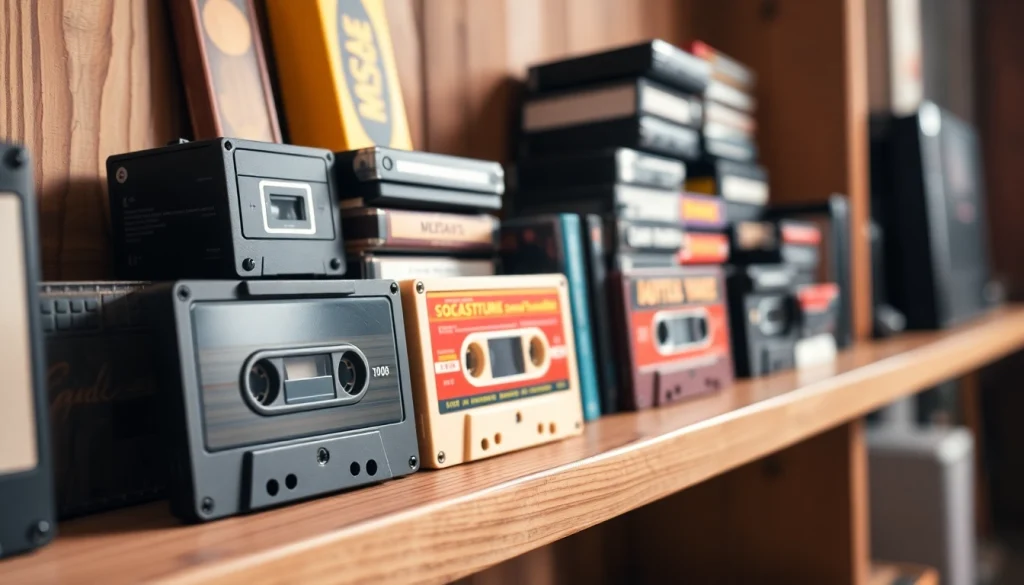 Showcasing vibrant audio cassette tapes on vintage wooden shelf, radiating nostalgic charm.