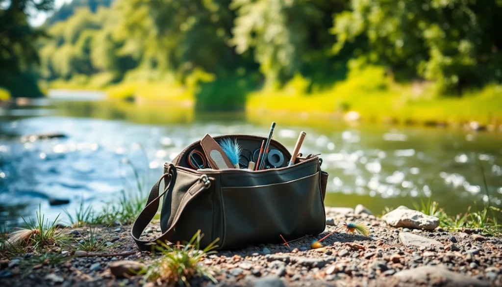 View a fly fishing bag with tools on a serene riverbank in nature.