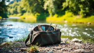 View a fly fishing bag with tools on a serene riverbank in nature.