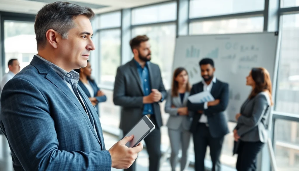 Crisis management consultant leading a strategic meeting with a diverse team in a modern office.
