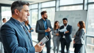 Crisis management consultant leading a strategic meeting with a diverse team in a modern office.