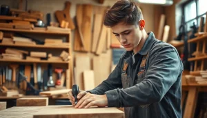 Skilled apprentice engaged in carpentry, showcasing a Carpentry Apprenticeship Near Me in action.