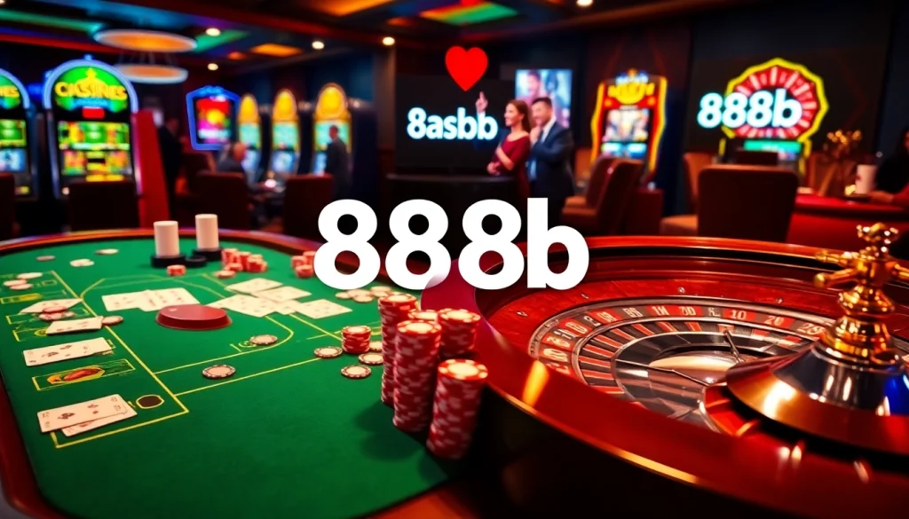 Experience the thrill of the casino with the 888b link showcased amid vibrant tables and slot machines.