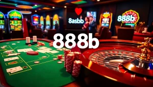 Experience the thrill of the casino with the 888b link showcased amid vibrant tables and slot machines.