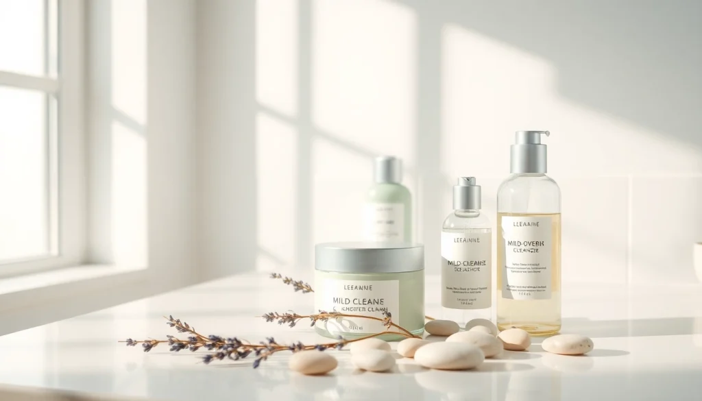 Hudvårdsprodukter för känslig hud som visas upp på en lugn badrumsskiva.