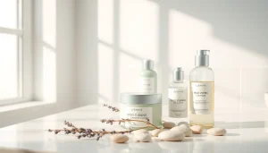 Hudvårdsprodukter för känslig hud som visas upp på en lugn badrumsskiva.