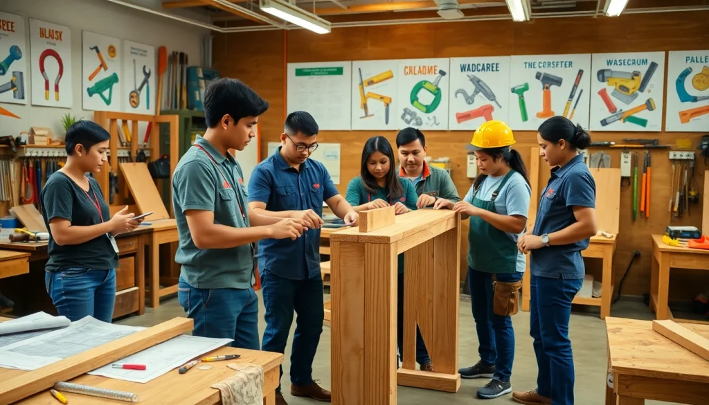 Hands-on training at hawaii trade schools showcasing students in a carpentry workshop.