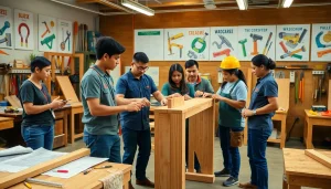 Hands-on training at hawaii trade schools showcasing students in a carpentry workshop.