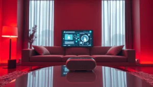 AI sex experience in a modern intimate living space with ambient lighting.