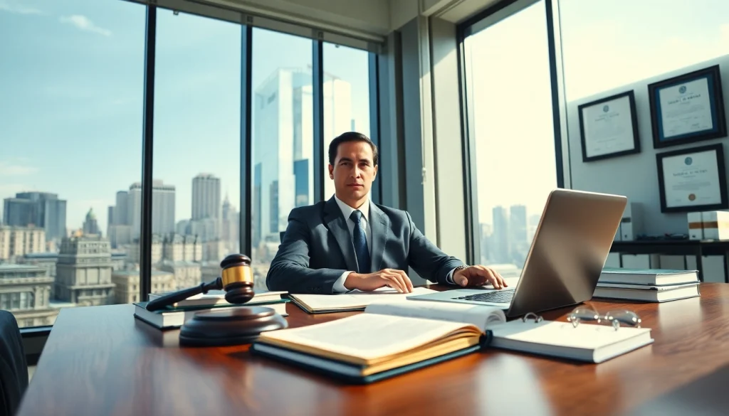 Intellectual property lawyer in a modern office, showcasing expertise and authority in legal matters.