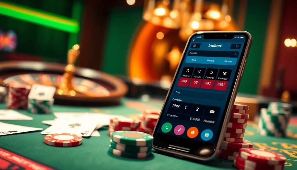 Indibet download app showcased on a stylish smartphone amid exciting casino elements.