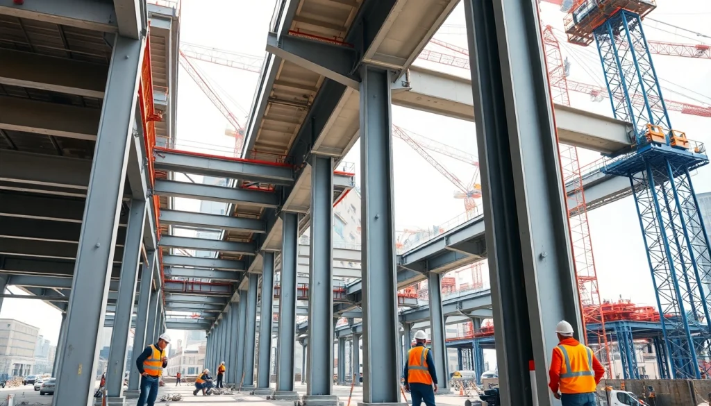 Visual representation of structural steel construction showcasing assembly in a busy urban construction site.