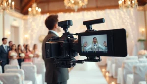 Videographer capturing a wedding moment with elegance and joy in a beautifully decorated venue.