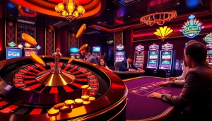 Luck8's vibrant casino view with a spinning roulette wheel and players celebrating wins.