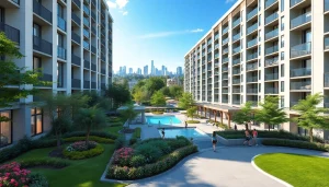 Showcase of the modern tampines ec executive condominium with beautiful landscaping and urban skyline.