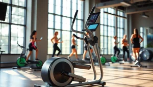 Elliptical machine manufacturer showcasing a sleek, innovative design in an active fitness studio.