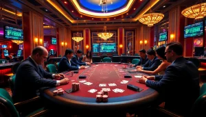 A high-stakes poker game scene featuring new 66 branding in a luxurious casino setting, exuding excitement.