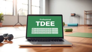 Calculate your TDEE calculator on a laptop in a bright health studio.