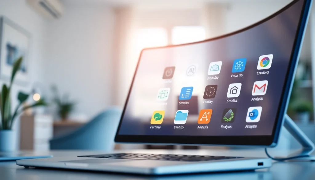 Showcase of AI apps on a sleek workspace computer, illustrating diverse tools for productivity.