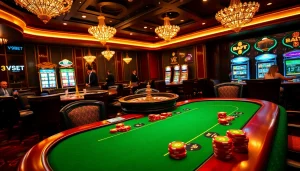 Players engaged in high-stakes gambling at a luxurious V9bet poker table surrounded by vibrant slot machines.