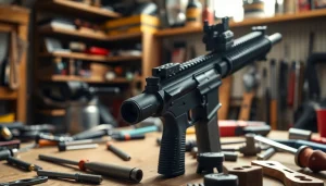 Showcase ar super safety trigger in a detailed workshop setup, focusing on craftsmanship and tools.