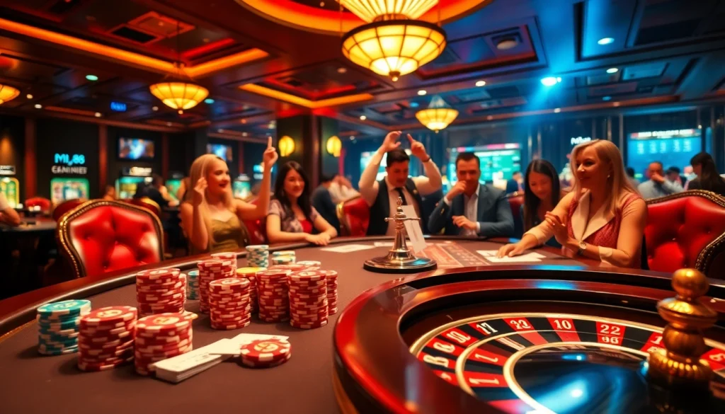 MM 88 poker table with vibrant casino atmosphere, showcasing players, chips, and excitement.