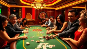 Excited gamblers enjoying new 66 poker games at a luxurious casino table.