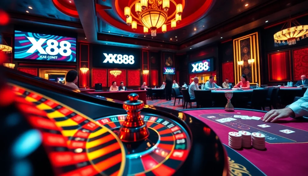 Experience thrilling games at XX88 casino with engaged players at poker tables and roulette.