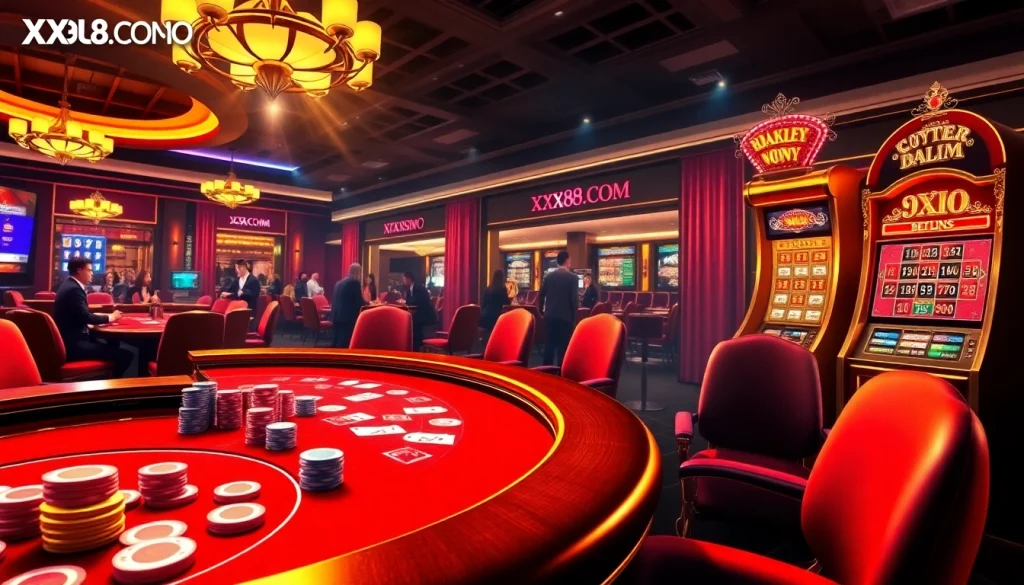 Experience the excitement of online gambling at XX88.COM with vibrant casino visuals, featuring poker tables and slot machines.