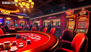 Experience the excitement of online gambling at XX88.COM with vibrant casino visuals, featuring poker tables and slot machines.