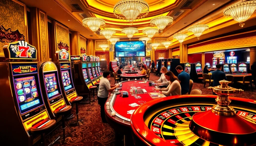 Thabet casino scene featuring excited players at vibrant slot machines and poker tables.