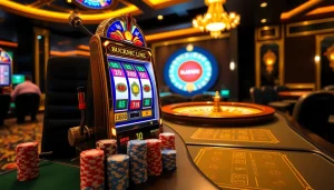 Experience thrilling slot bet kecil action at a glamorous casino with vibrant machines and chips.