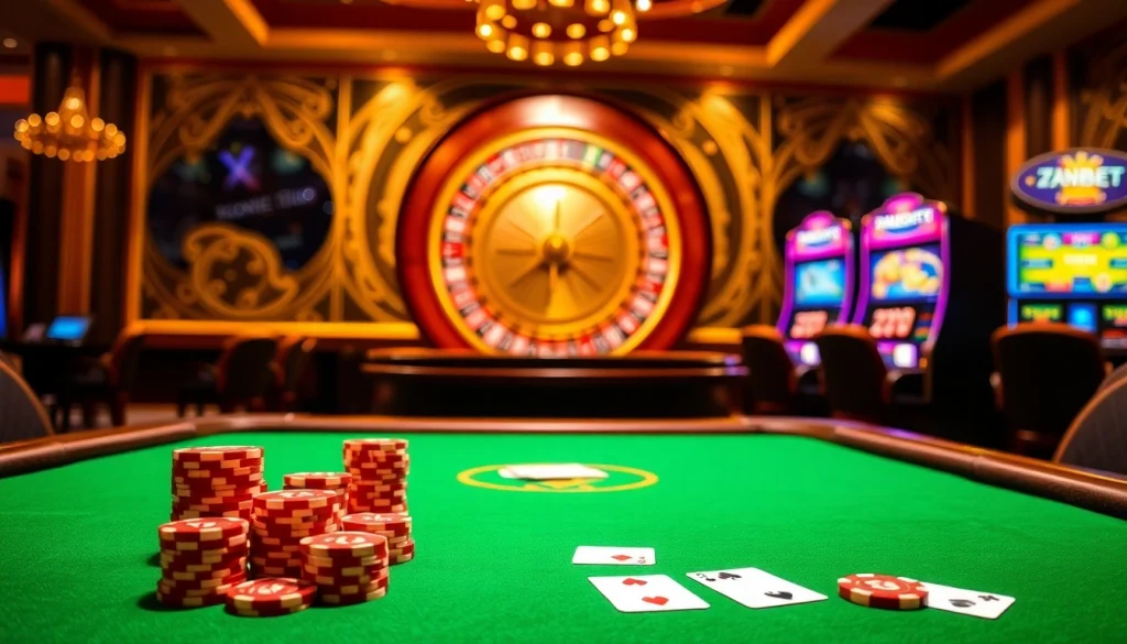Exciting scene of 789BET online casino with tables, poker chips, and a roulette wheel.