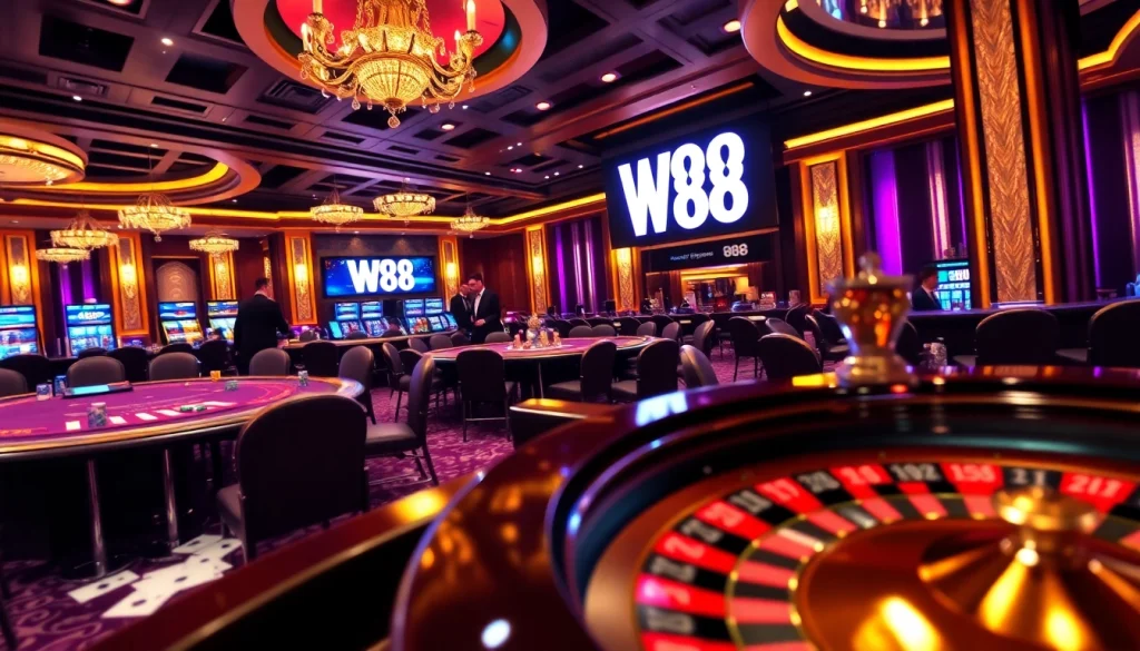 W88 casino scene showcasing vibrant gameplay with poker chips, roulette wheels, and engaging dealers.