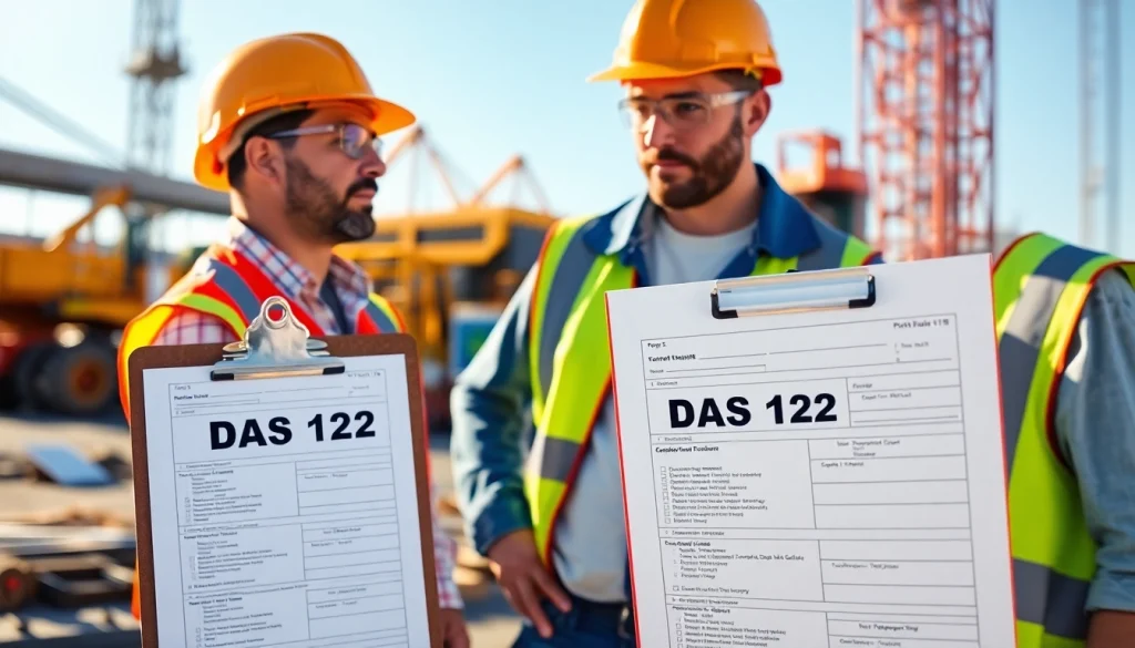Contractor submitting DAS 142 form at a busy construction site with an apprentice.