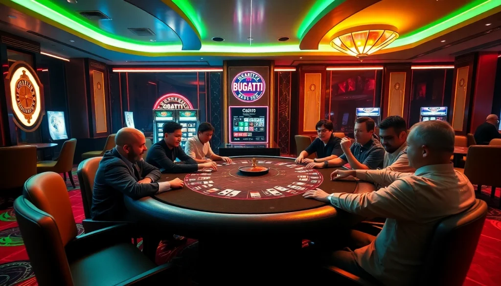 Experience excitement at Bugatti8 with sleek poker tables and dynamic casino scenes.