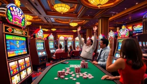 Players experiencing the thrill of birutoto slot machines in a vibrant casino atmosphere.