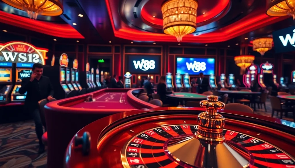 Players enjoying games at W88 casino, highlighting the vibrant atmosphere and luxurious setup.
