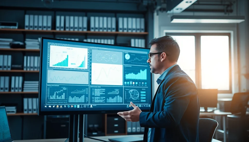 Engineer reviewing digital data on das 140, showcasing technical insights in a bright office.