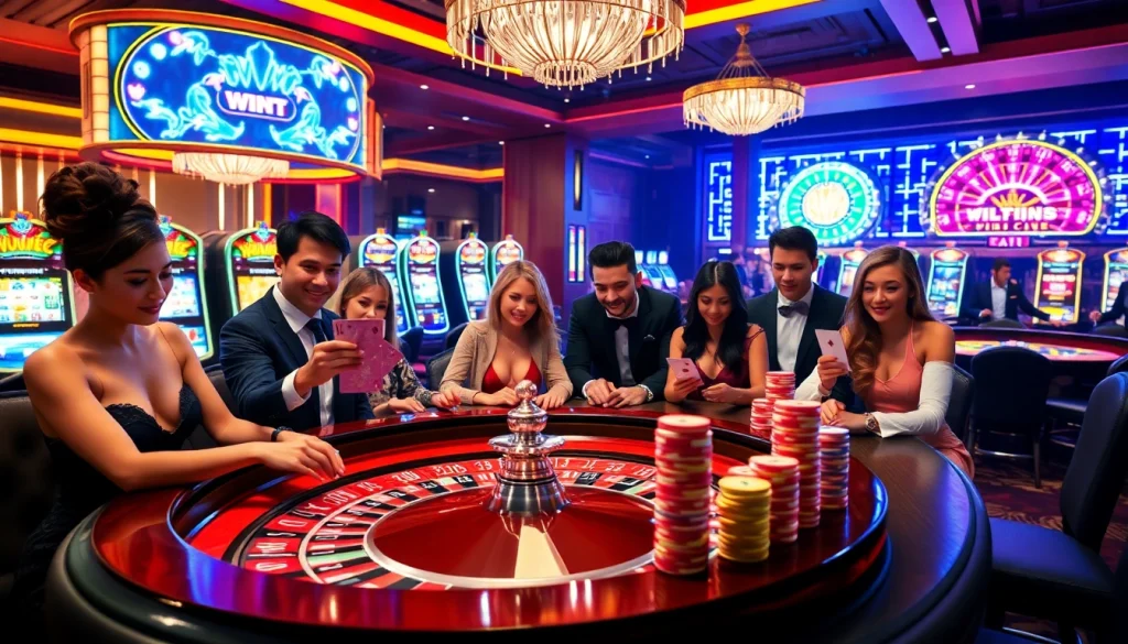 Experience the thrill of net win at a luxurious casino with vibrant gaming tables and excited players.