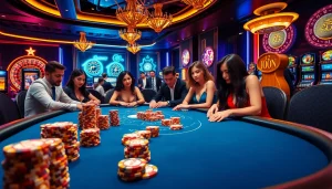 Experience the thrill of here with a glamorous poker table featuring high-stakes chips and excited players.