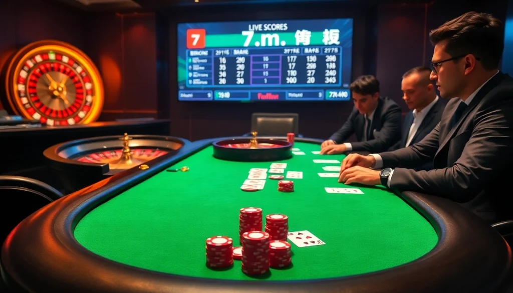 Betting excitement at 7m.cn with a vibrant casino table and live scores display.