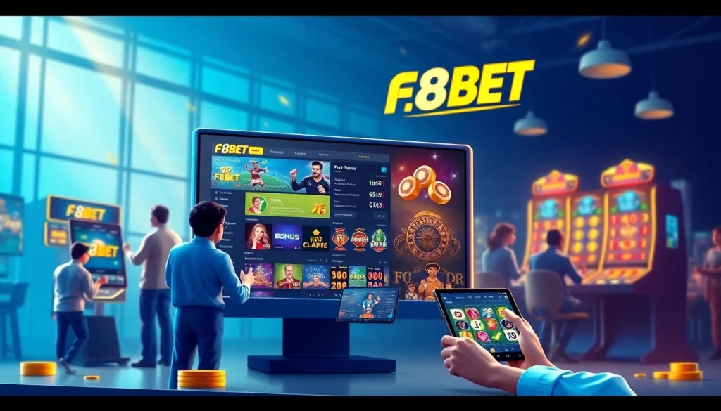 Dynamic F8BET online gambling scene with users engaging on mobile devices.