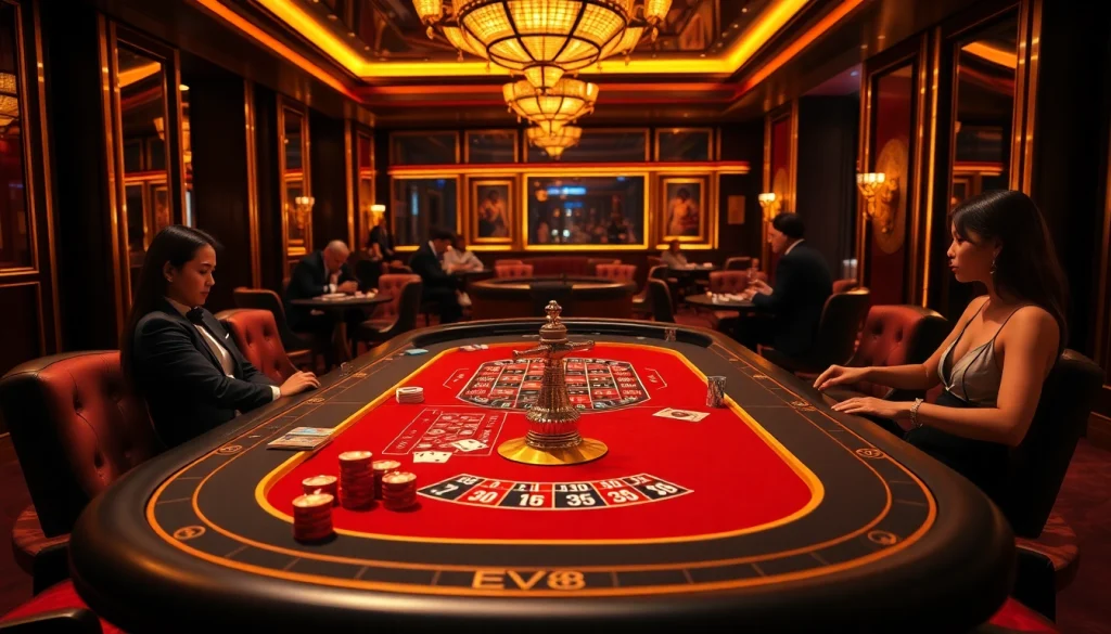 Players enjoying an immersive EV88 gaming experience at a luxurious casino table.