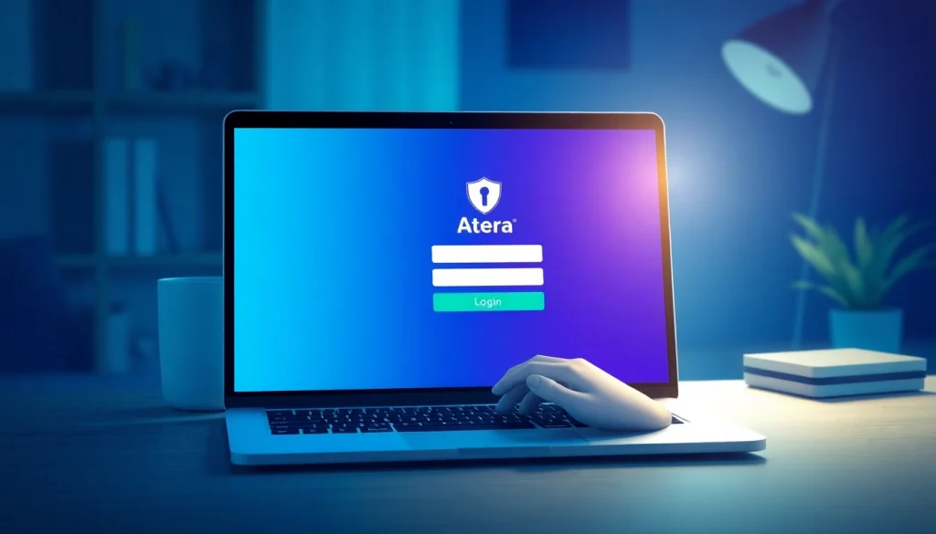 Atera login: User entering credentials on a secure Atera login screen on a laptop.