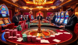 Players engaging with b52-themed casino activities, featuring roulette and poker chips.